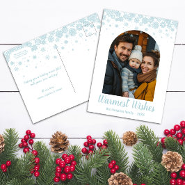 Cartão Postal De Festividades Foto Archada com Floco de Neve Azul Minimalista