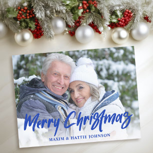 Cartão Postal De Festividades Foto Azul de Natal Alegre com Letra de Pincel Mode