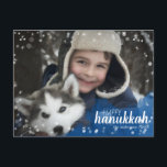 Cartão Postal De Festividades Foto azul do feriado de Hanukkah da queda de neve<br><div class="desc">Bonito e divertimento, este cartão do feriado é a maneira perfeita de enviar os cumprimentos da estação aos amigos e à família. Nuvem azul da aguarela das características com neve e bokeh brancos. Mude o modelo da foto ao seus próprios. A parte dianteira e a parte traseira têm o texto...</div>