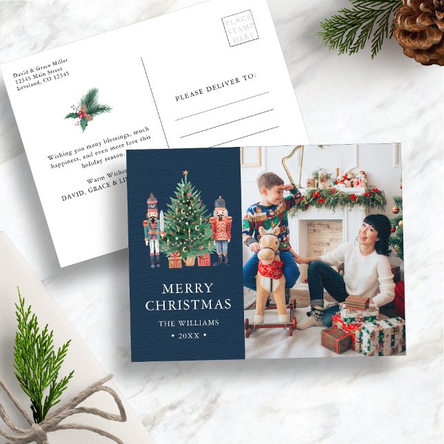 Cartão Postal De Festividades Foto Azul do marinho (Navy Blue Nutcracker Christmas Photo Holiday Postcard
)