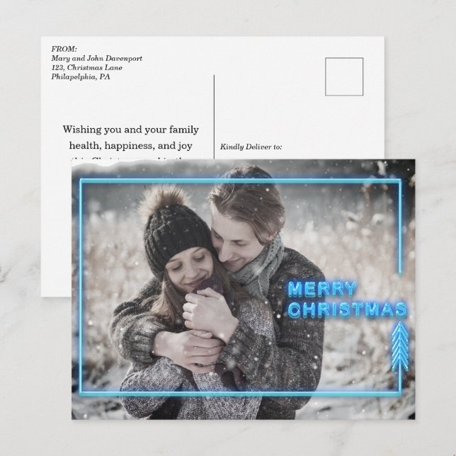 Cartão Postal De Festividades Foto Azul Neon Christmas (Frente/Verso)