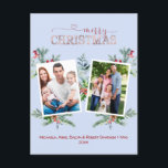 Cartão Postal De Festividades Foto Collage Rosa Verde Dourado Feliz Natal<br><div class="desc">Design de cartão de fotos da família Holidays. Apresenta a aquarela de inverno (pinheiro, cones, morango, folhas de eucalipto), caligrafia moderna e elegante de "feliz" vermelha e rosa, tipografia de "Natal" e suas fotos dentro de quadros brancos, tudo sobre fundo azul claro. Use a ferramenta Personalizar para adicionar sua foto...</div>