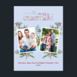 Cartão Postal De Festividades Foto Collage Rosa Verde Dourado Feliz Natal<br><div class="desc">Design de cartão de fotos da família Holidays. Apresenta a aquarela de inverno (pinheiro, cones, morango, folhas de eucalipto), caligrafia moderna e elegante de "feliz" vermelha e rosa, tipografia de "Natal" e suas fotos dentro de quadros brancos, tudo sobre fundo azul claro. Use a ferramenta Personalizar para adicionar sua foto...</div>