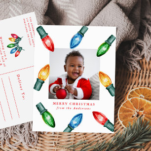 Cartão Postal De Festividades Foto Colorida Watercolor das Luzes de Natal