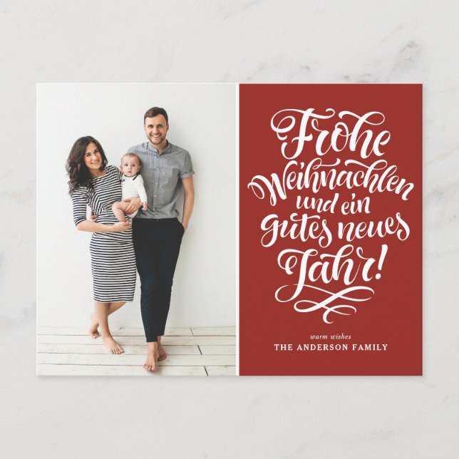 Cartão Postal De Festividades Foto da Caligrafia Red Frohe Weihnachten (Frente)