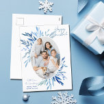 Cartão Postal De Festividades Foto da Família Botânica Azul Chic Happy Hanukkah<br><div class="desc">Linda botânica de aquarela azul sai primavera da sua fotografia vertical da família judia para um Hanukkah feliz. Personalize este cartão-postal chic Chanukah.</div>