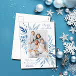 Cartão Postal De Festividades Foto da família botânica azul Elegante Happy Hanuk<br><div class="desc">Linda botânica de aquarela azul sai primavera da sua fotografia vertical da família judia para um Hanukkah feliz. Personalize este elegante cartão-postal do Chanukah.</div>