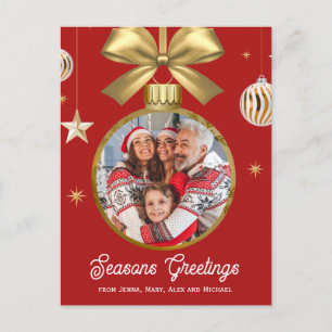 Cartão Postal De Festividades Foto da Família com Enfeite Dourado Vermelho
