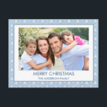 Cartão Postal De Festividades Foto da Família de Árvores Azuis de Natal Dusty Pa<br><div class="desc">Pastel - Árvore de Natal Branca e Azul Feliz Cartão com fotos de Natal Feliz. A imagem e o nome da família podem ser substituídos neste Cartões de foto de Natal simples e moderno.</div>