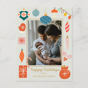 Cartão Postal De Festividades Foto da família de macacos e ornamentos de Natal