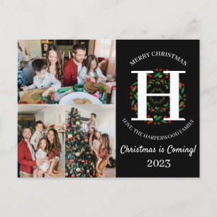 Cartão Postal De Festividades Foto da Família de Script Wreath Monogramas de Nat