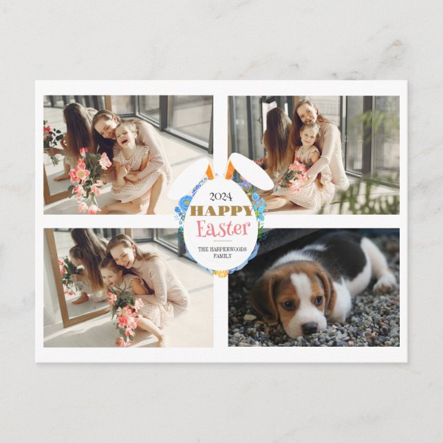 Cartão Postal De Festividades Foto da família dos ovos de felz pascoa roxo Elega (Frente)