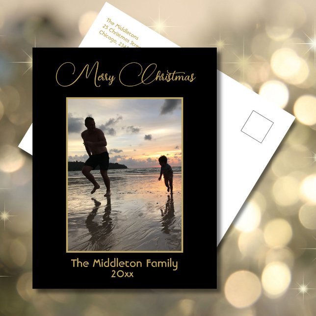 Cartão Postal De Festividades Foto da família Elegante Black & Dourada Felry Chr (Criador carregado)