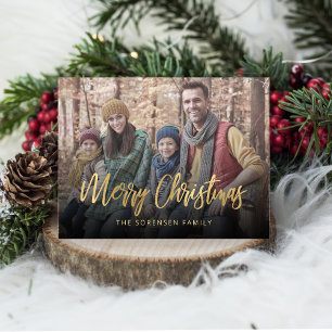 Cartão Postal De Festividades Foto da família Feliz Natal Dourado Script Beige H