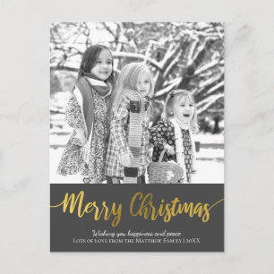 Cartão Postal De Festividades Foto da Família Simples Gold Foil Christmas