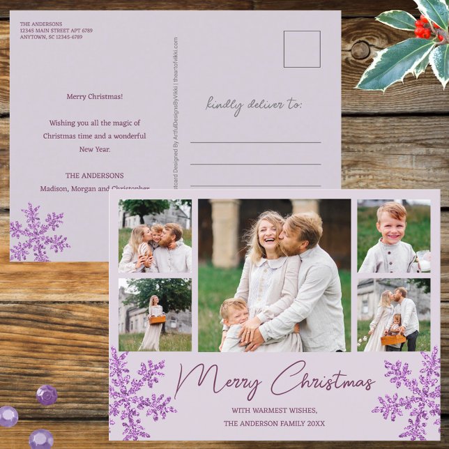 Cartão Postal De Festividades Foto da família Snowflake Purple Glam 5 (Purple snowflakes & 5 photos on Christmas postcards customized by you for a jolly holiday)