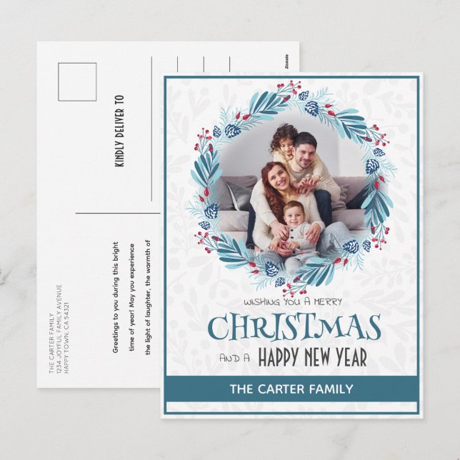 Cartão Postal De Festividades Foto da Noite Azul, Mistletoe Moderna e Bonita (Frente/Verso)