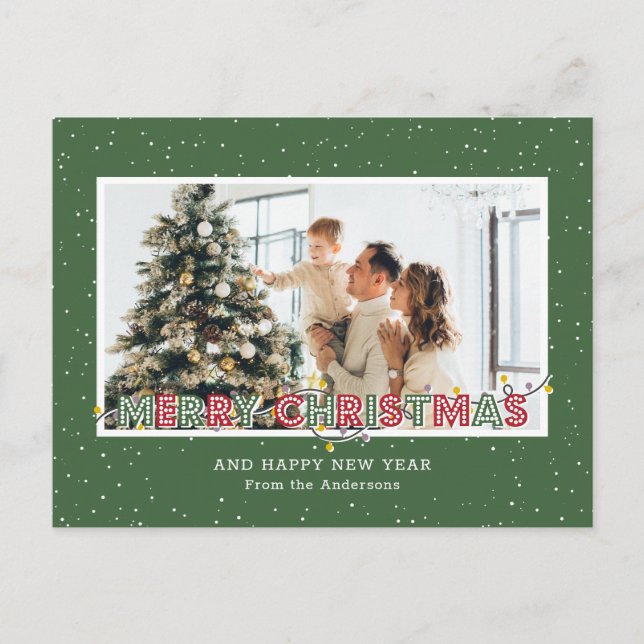 Cartão Postal De Festividades Foto das Luzes de Natal da Neve Vermelha Verde (Frente)
