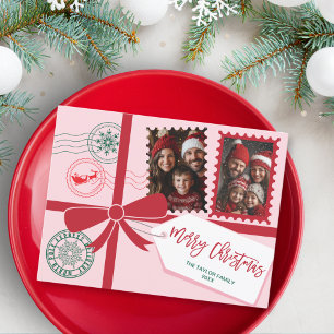 Cartão Postal De Festividades Foto de Arco de presente rosa vermelho único Feliz