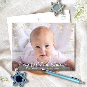 Cartão Postal De Festividades Foto de Bebê Meu Primeiro Hanukkah Script Estrela
