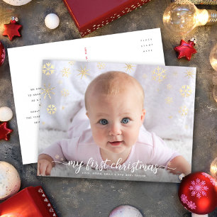 Cartão Postal De Festividades Foto de Bebê Primeiro Natal Script Dourado Flocos