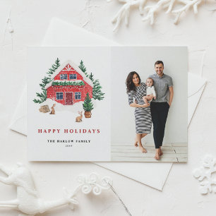 Cartão Postal De Festividades Foto de Cottage Red Holiday Cozy Watercolor