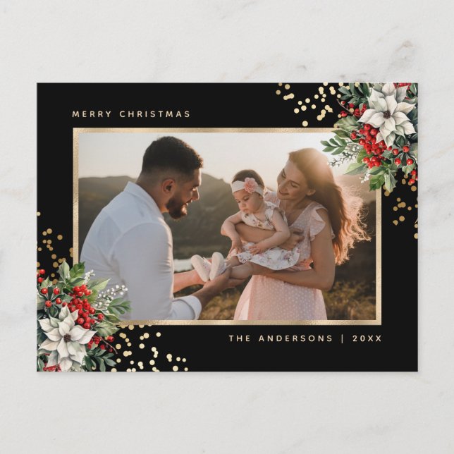 Cartão Postal De Festividades Foto de Elegante Black Dourada Poinsettia Holly Be (Frente)