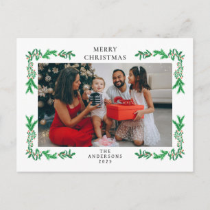 Cartão Postal De Festividades Foto de Família de Natal com Verde Minimalista Ele