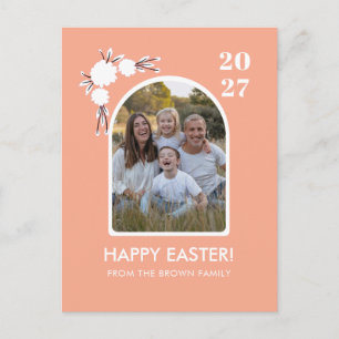 Cartão Postal De Festividades Foto de família de Páscoa floral com arco em rosa
