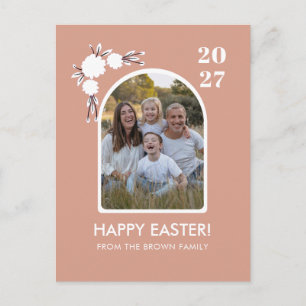 Cartão Postal De Festividades Foto de família de Páscoa floral com arco em rosa 