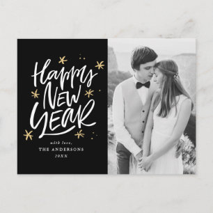 Cartão Postal De Festividades Foto de Feliz Ano Novo com Letras à Mão em Preto e