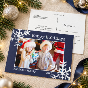 Cartão Postal De Festividades Foto de Feliz Natal em Azul Marinho com Floco de N