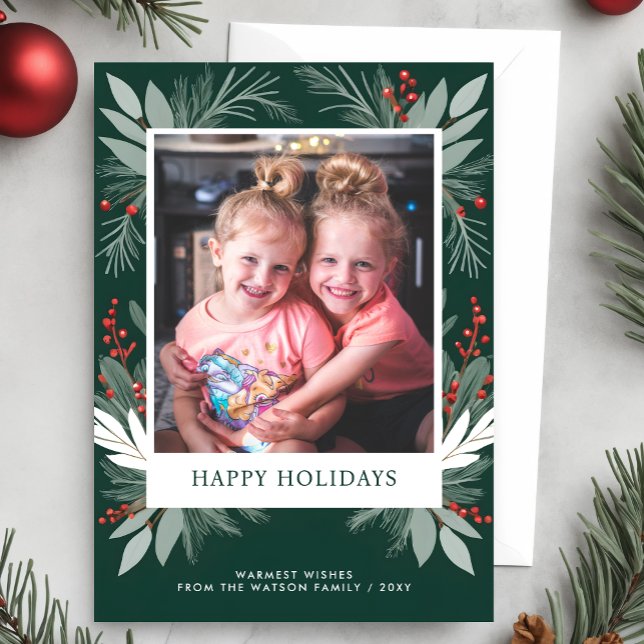 Cartão Postal De Festividades Foto de Feriados Felizes da Folhagem de inverno (Winter Foliage Greenery Happy Holidays Photo Holiday Card)