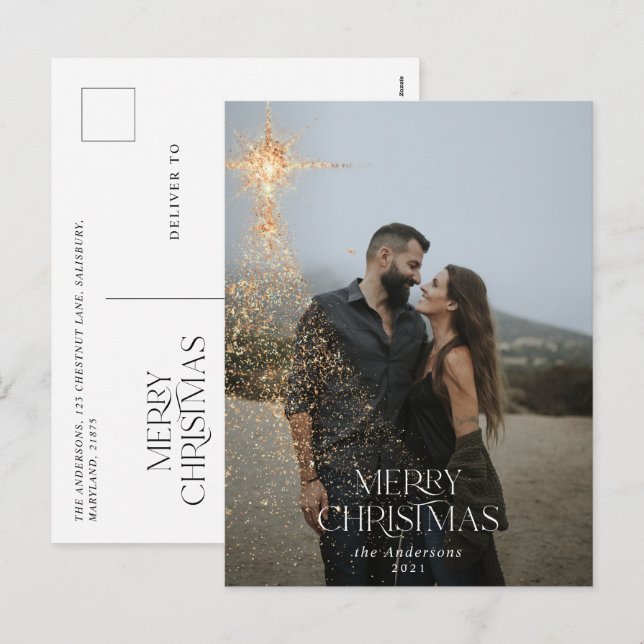 Cartão Postal De Festividades foto de Natal alegre com brilho de ouro (Frente/Verso)