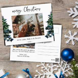 Cartão Postal De Festividades Foto de Natal com Aquarela de Árvore de Pinheiro e