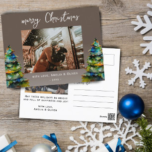 Cartão Postal De Festividades Foto de Natal com Árvore de Pinheiro em Aquarela