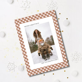 Cartão Postal De Festividades Foto de Natal com Estampa Xadrez Gingham Marrom Ca