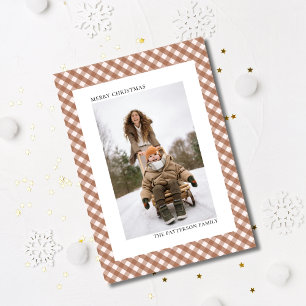 Cartão Postal De Festividades Foto de Natal com Estampa Xadrez Gingham Marrom Ca