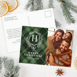 Cartão Postal De Festividades Foto de Natal com Monograma em Xadrez Verde