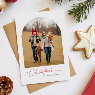 Cartão Postal De Festividades Foto de Natal da Família Alegre Minimalista Vermel