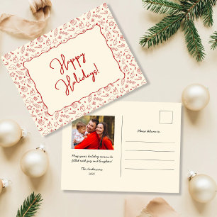 Cartão Postal De Festividades Foto de Natal de Mão Desenhada Whimsical Red Doodl