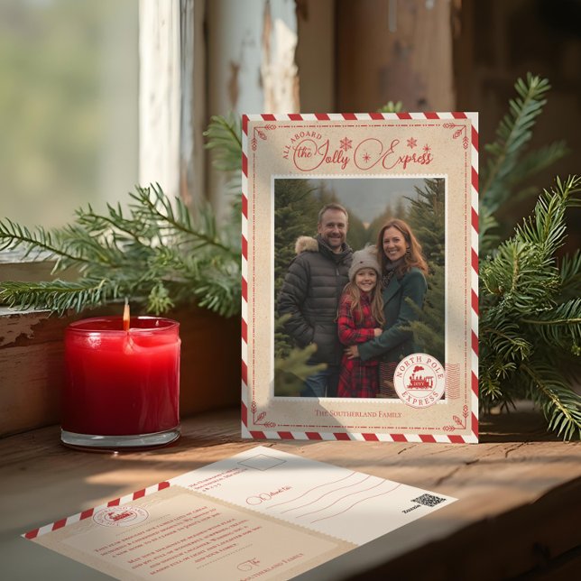 Cartão Postal De Festividades Foto de Natal do Bilhete de Comboio Expresso do Po (North Pole Express Train Ticket Christmas Photo Holiday Postcard)