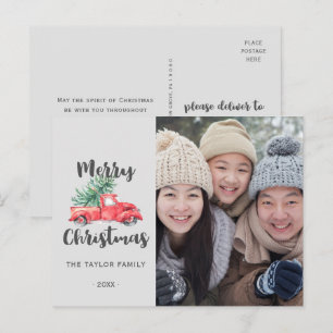 Cartão Postal De Festividades Foto de Natal do Caminhão Vermelho e da Árvore