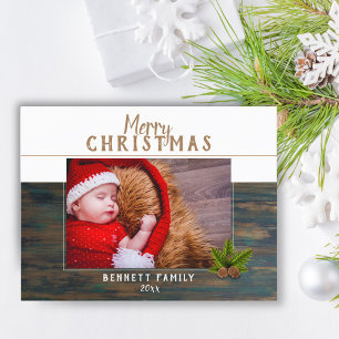 Cartão Postal De Festividades Foto de Natal Feliz em Madeira Escura Rústica Pinh