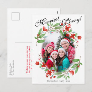 Cartão Postal De Festividades Foto de Natal Floral em Aquarela Vermelha Alegria