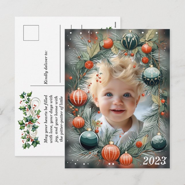 Cartão Postal De Festividades Foto de Natal Personalizada Verde Férias (Frente/Verso)