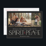 Cartão Postal De Festividades Foto de Paz Simples - Vermelho Preto<br><div class="desc">Estes cartões postais de saudação de fotos de feriado apresentam a saudação, "Desejando-lhe um Feliz Natal e um Feliz ano novo", juntamente com a saudação, "Espírito de Paz", em grande marfim e letras vermelhas em um fundo preto com marcadores para adicionar duas das suas fotos favoritas, nome da família e...</div>