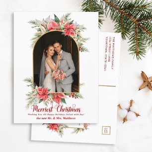 Cartão Postal De Festividades Foto de Poinsettia Branca Natal de Recém-Casados