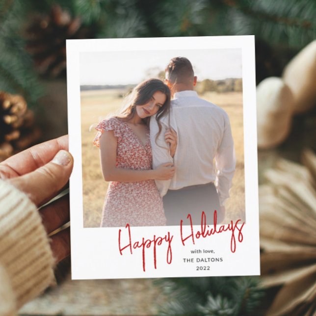 Cartão Postal De Festividades Foto de Script Simples de Felizes Festas Modernas (Simple handwritten red holiday photo postcard.)