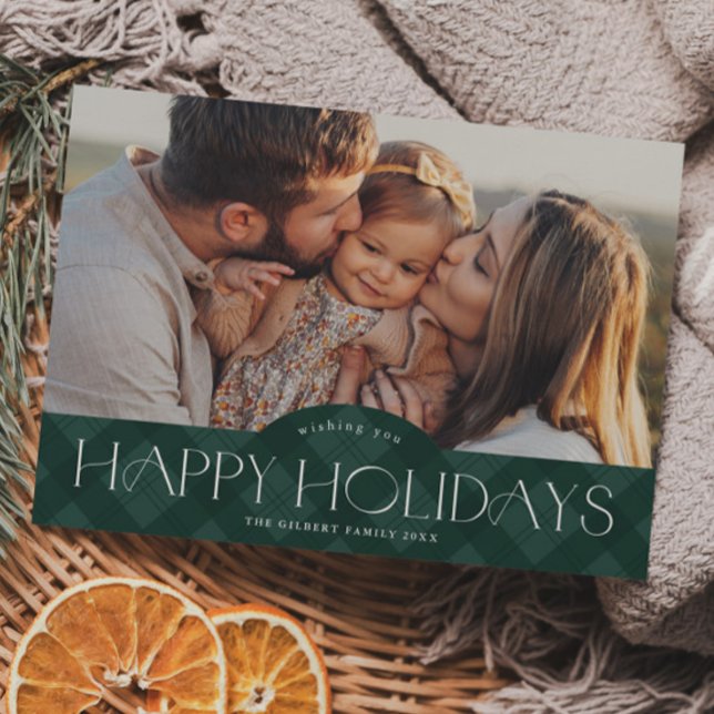 Cartão Postal De Festividades Foto de Xadrez Verde Rustic (Rustic green plaid photo holiday postcard.)